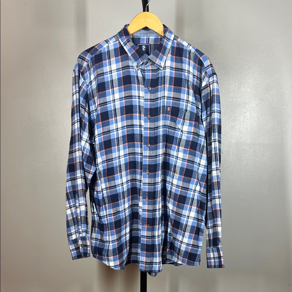 Men's Blue and Orange Izdo Plaid Shirt
